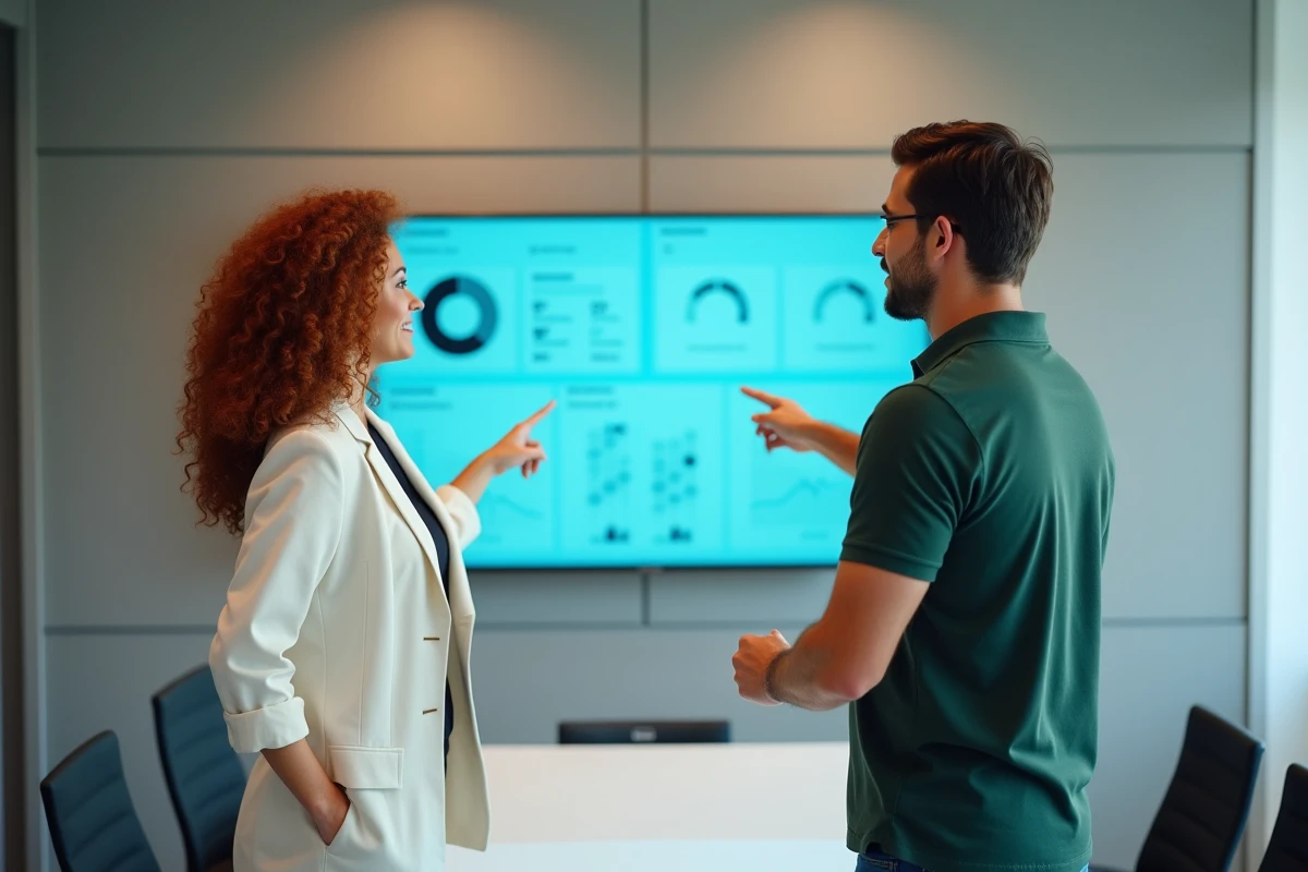 Deux collègues analysant la configuration des indicateurs de performance sur un écran mural dans une salle de réunion
