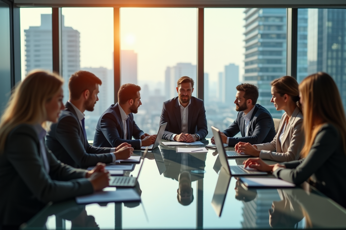Groupe de professionnels collaborant dans un bureau lumineux