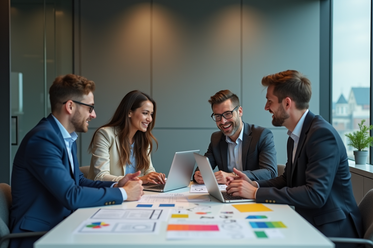 Groupe de jeunes professionnels en réunion dans un bureau moderne