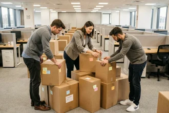 Équipe de salariés triant des cartons lors d'un débarras d'entreprise dans un bureau en open space