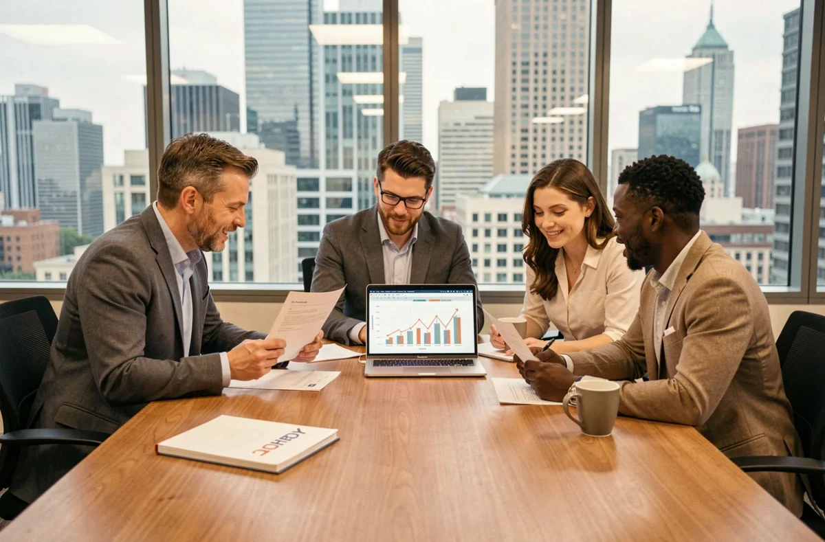 Équipe de direction analysant des rapports de croissance autour d'une table de conférence avec vue sur la ville