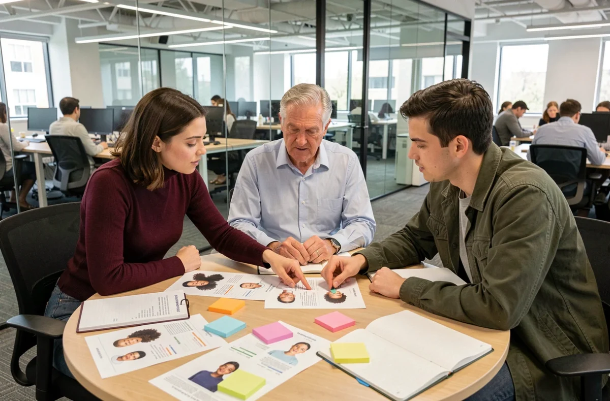 Équipe de professionnels discutant de personas et de profil client idéal autour d'une table de réunion