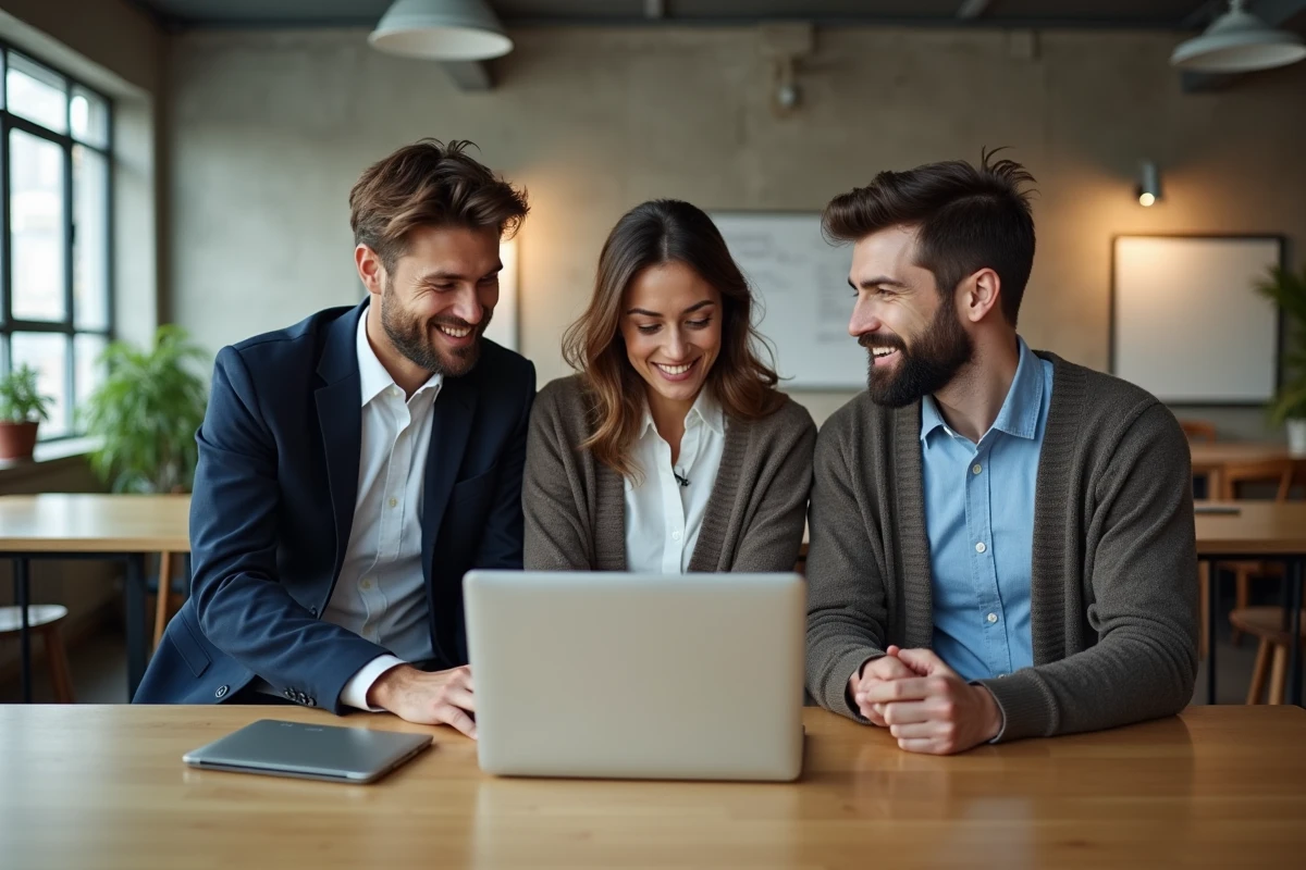 Trois jeunes professionnels en tenue business casual discutant autour d'un ordinateur portable dans un espace de coworking, évoquant la culture collaborative des Big 4