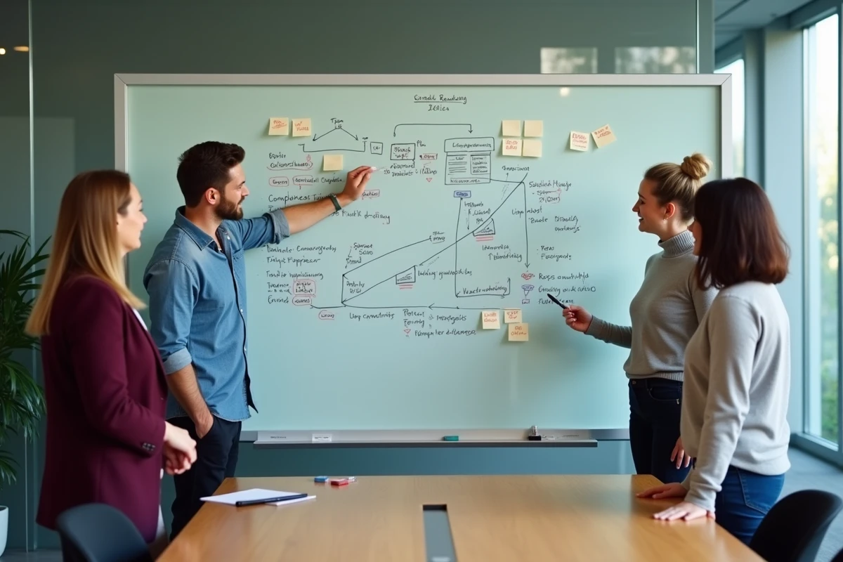 Équipe marketing collaborant autour d'un tableau blanc avec une feuille de route d'amélioration de site pour générer des leads