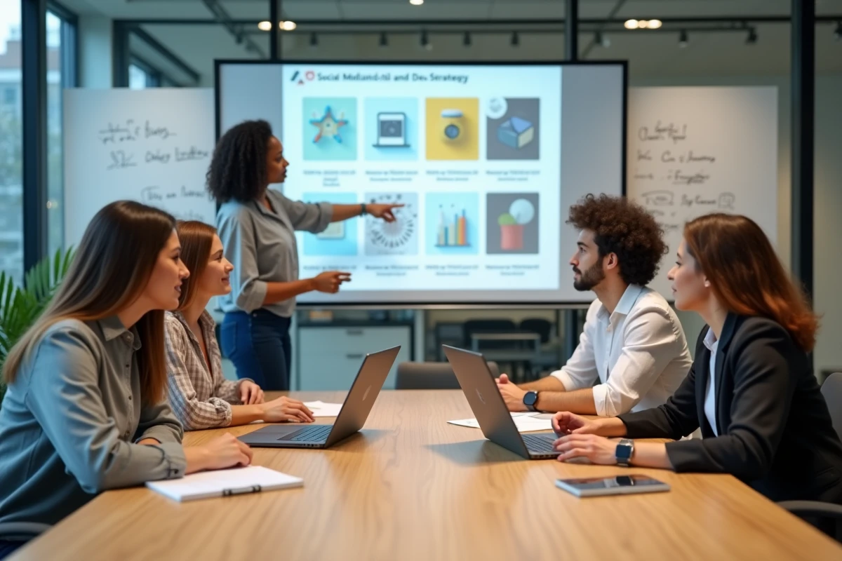 Équipe de professionnels collaborant sur une stratégie de visibilité digitale dans une salle de réunion moderne