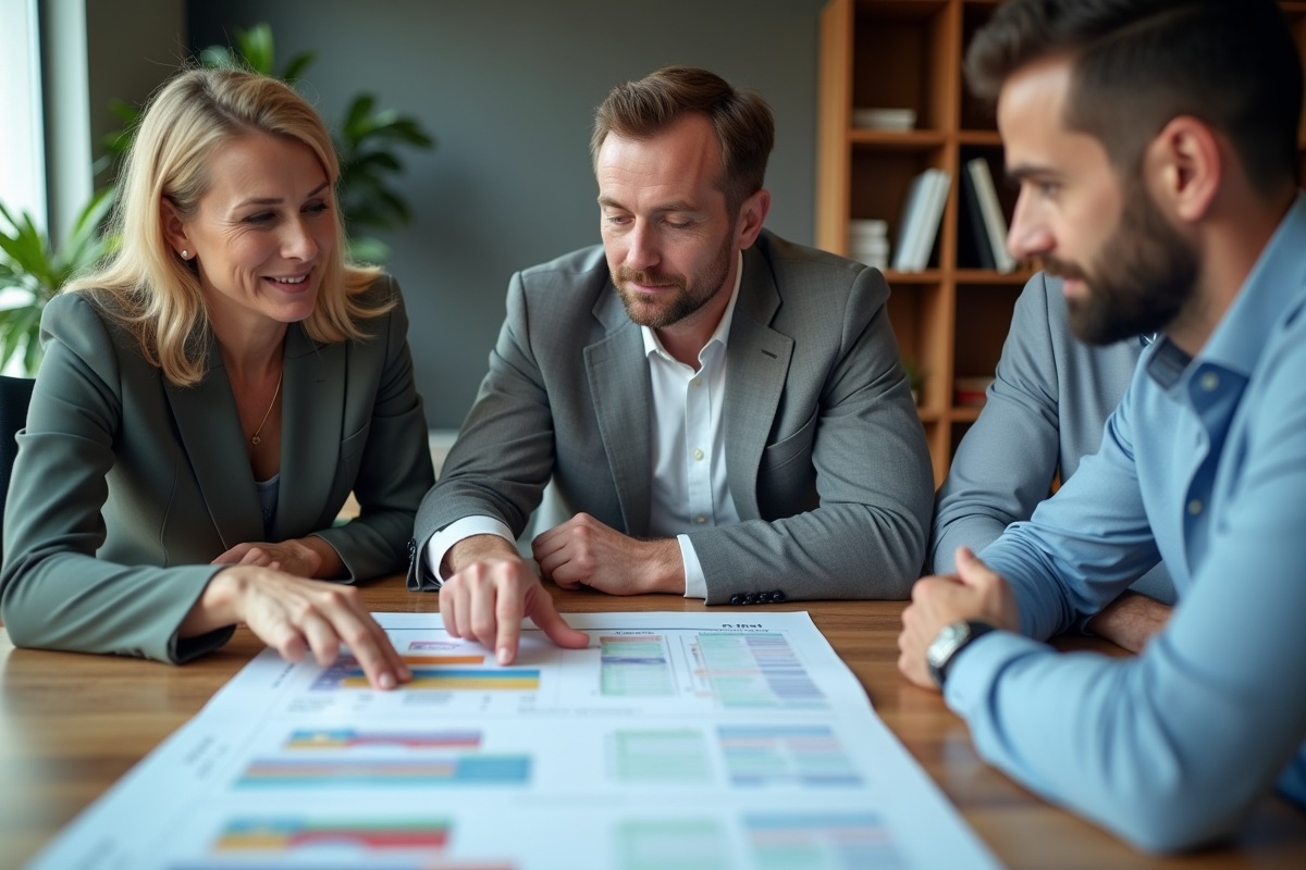 Groupe de collègues collaborant sur un tableau de consolidation