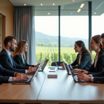 Groupe de professionnels en réunion avec vue sur vignobles de champagne