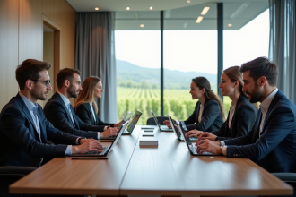 Groupe de professionnels en réunion avec vue sur vignobles de champagne