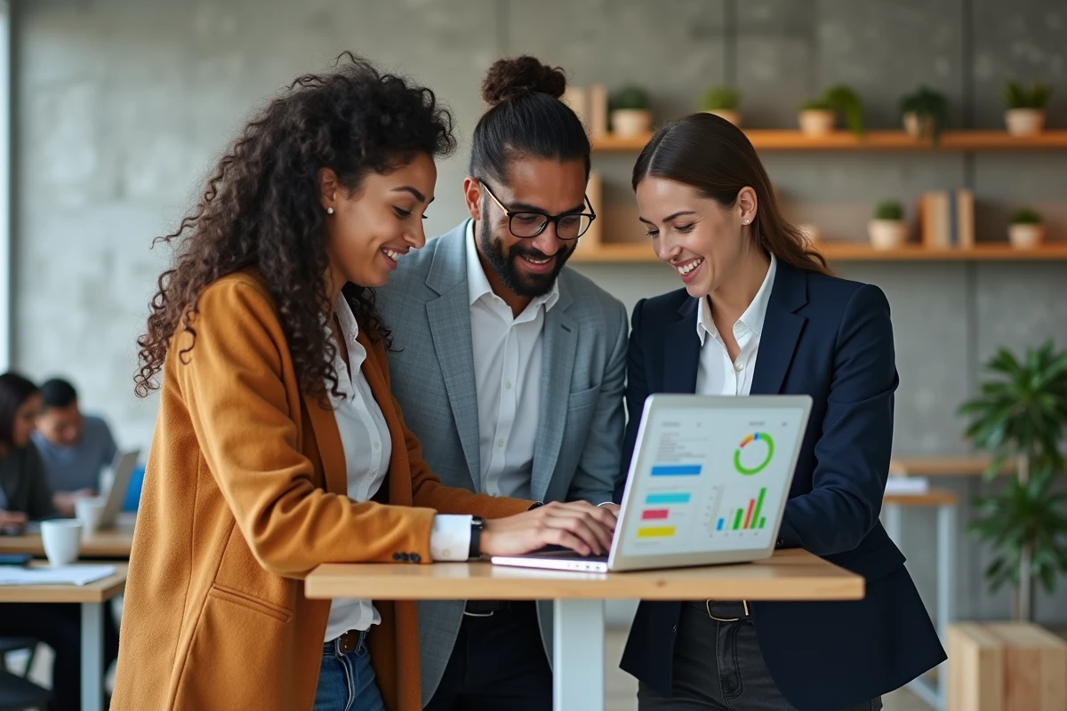 Équipe RH collaborant autour d'un ordinateur portable avec des tableaux de bord de paie et d'analytique RH