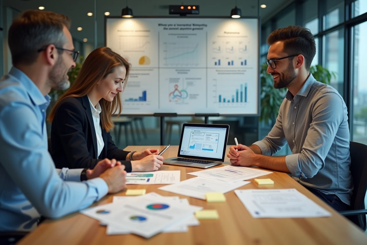 Équipe SaaS en réunion de planification autour de wireframes et d'un audit SEO pour optimiser un site vitrine dès le lancement