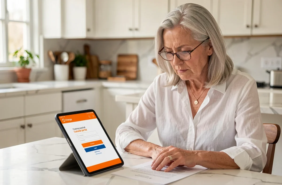 Femme senior configurant la sécurité de son espace client Orange sur tablette dans une cuisine moderne