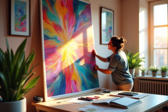 Espace de travail créatif avec un designer ajustant une affiche colorée