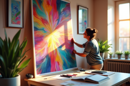 Espace de travail créatif avec un designer ajustant une affiche colorée
