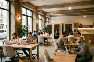 Vue panoramique d'un espace de coworking moderne à Bordeaux avec des professionnels travaillant dans un cadre mêlant brique apparente, plantes vertes et grandes fenêtres industrielles