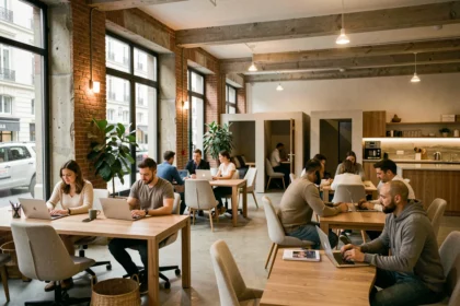 Vue panoramique d'un espace de coworking moderne à Bordeaux avec des professionnels travaillant dans un cadre mêlant brique apparente, plantes vertes et grandes fenêtres industrielles