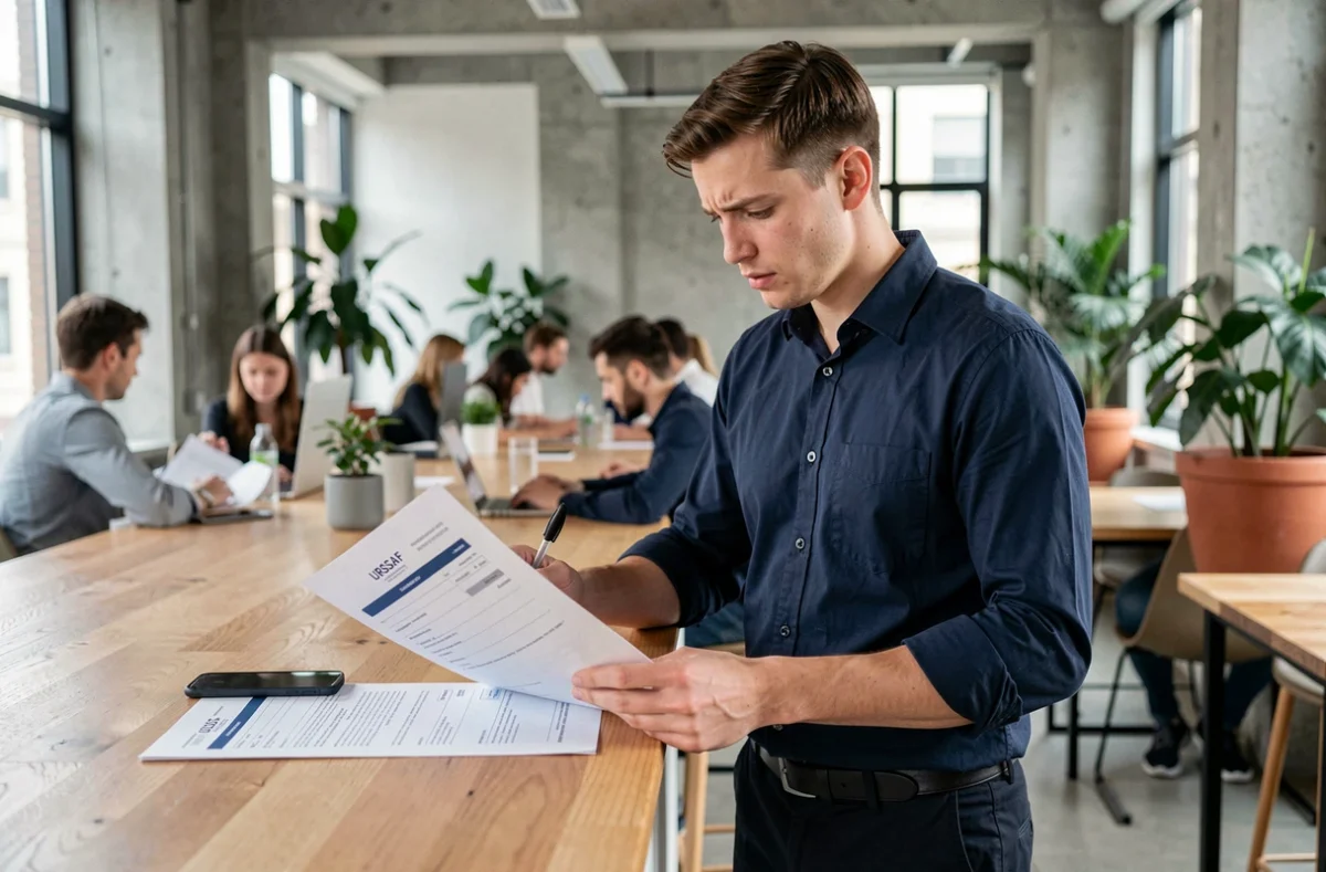 Jeune étudiant entrepreneur examinant des documents URSSAF dans un espace de coworking moderne
