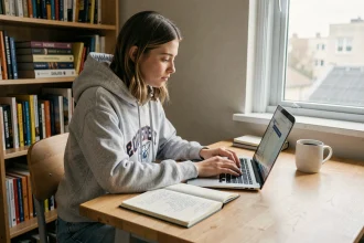 Étudiante créant sa micro-entreprise en ligne sur son ordinateur portable dans son appartement étudiant