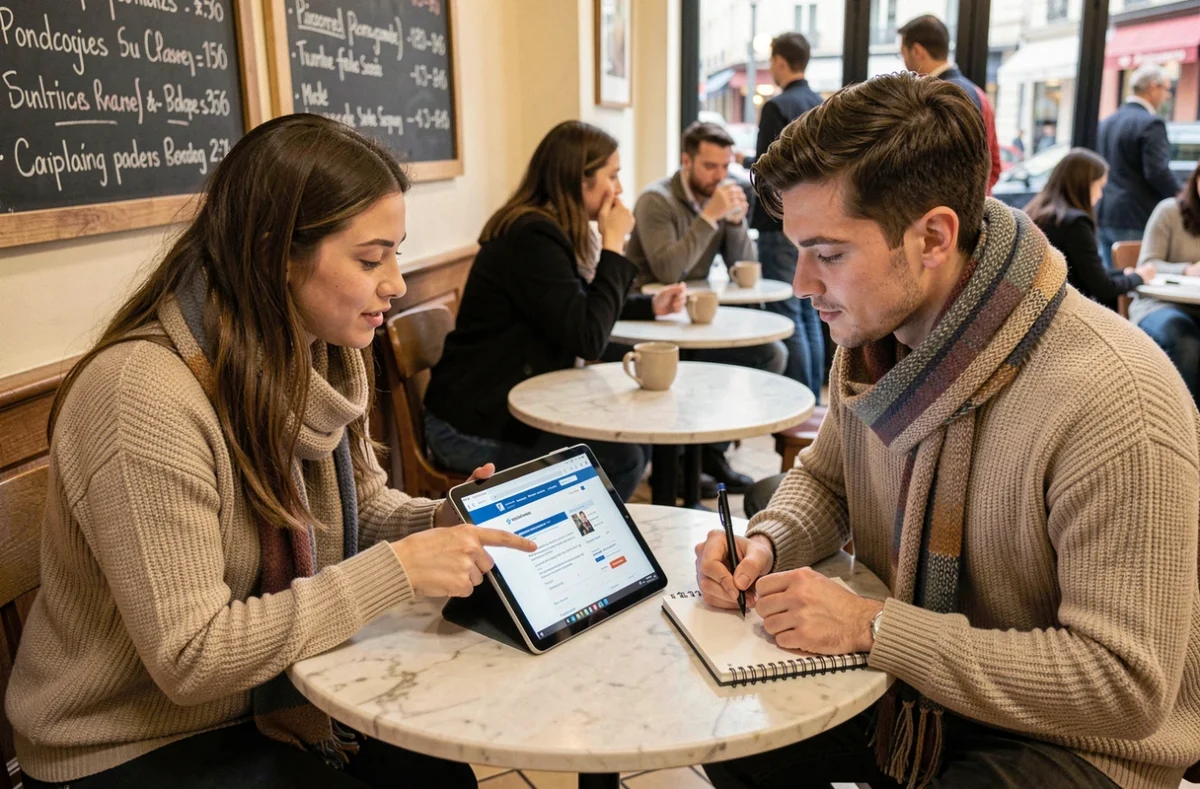 Deux étudiants consultant le site URSSAF sur une tablette pour créer leur micro-entreprise dans un café