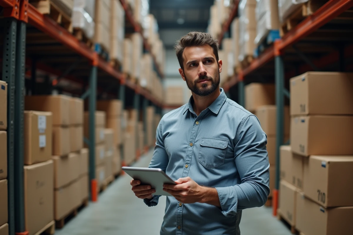 Responsable des achats évaluant des fournisseurs sur tablette dans un entrepôt logistique