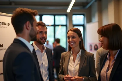 Entrepreneurs en réseau lors d'un événement gratuit type lesentreprisesfrenchy, alternative aux salons French Tech payants