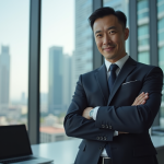 Cadre confiant dans un bureau moderne avec logo Tesla