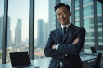 Cadre confiant dans un bureau moderne avec logo Tesla