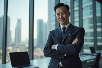 Cadre confiant dans un bureau moderne avec logo Tesla