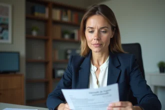 Femme en blazer navy examinant un document de rupture