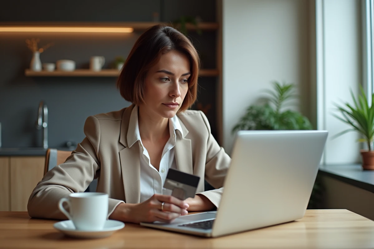 Femme d'âge moyen utilisant une carte bancaire pour acheter en ligne