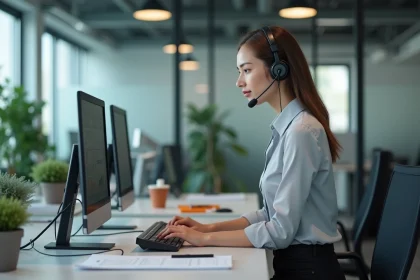 Femme d'affaires au bureau moderne avec casque et ordinateur