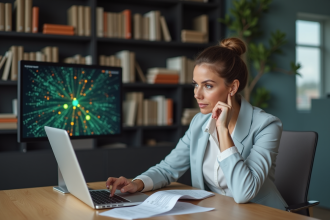 Femme d'affaires examine un contrat avec un ordinateur portable