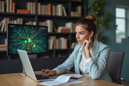 Femme d'affaires examine un contrat avec un ordinateur portable