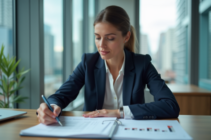 Femme d'affaires en costume dans un bureau moderne