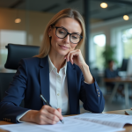 Femme d affaires en costume navy au bureau
