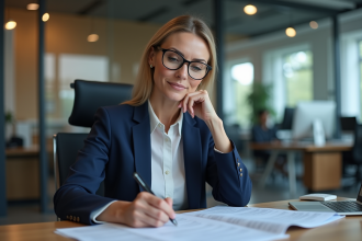 Femme d affaires en costume navy au bureau