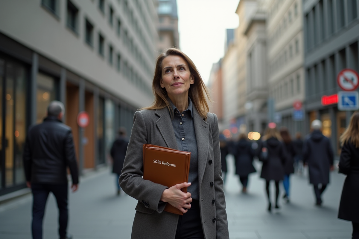 Femme d'affaires française en ville avec dossier 2025