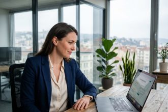 Femme d'affaires en bureau à SaintÉtienne lisant des avis