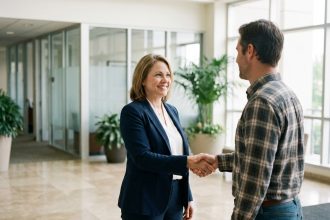 Femme d'affaires souriante serre la main d'un client dans un bureau moderne