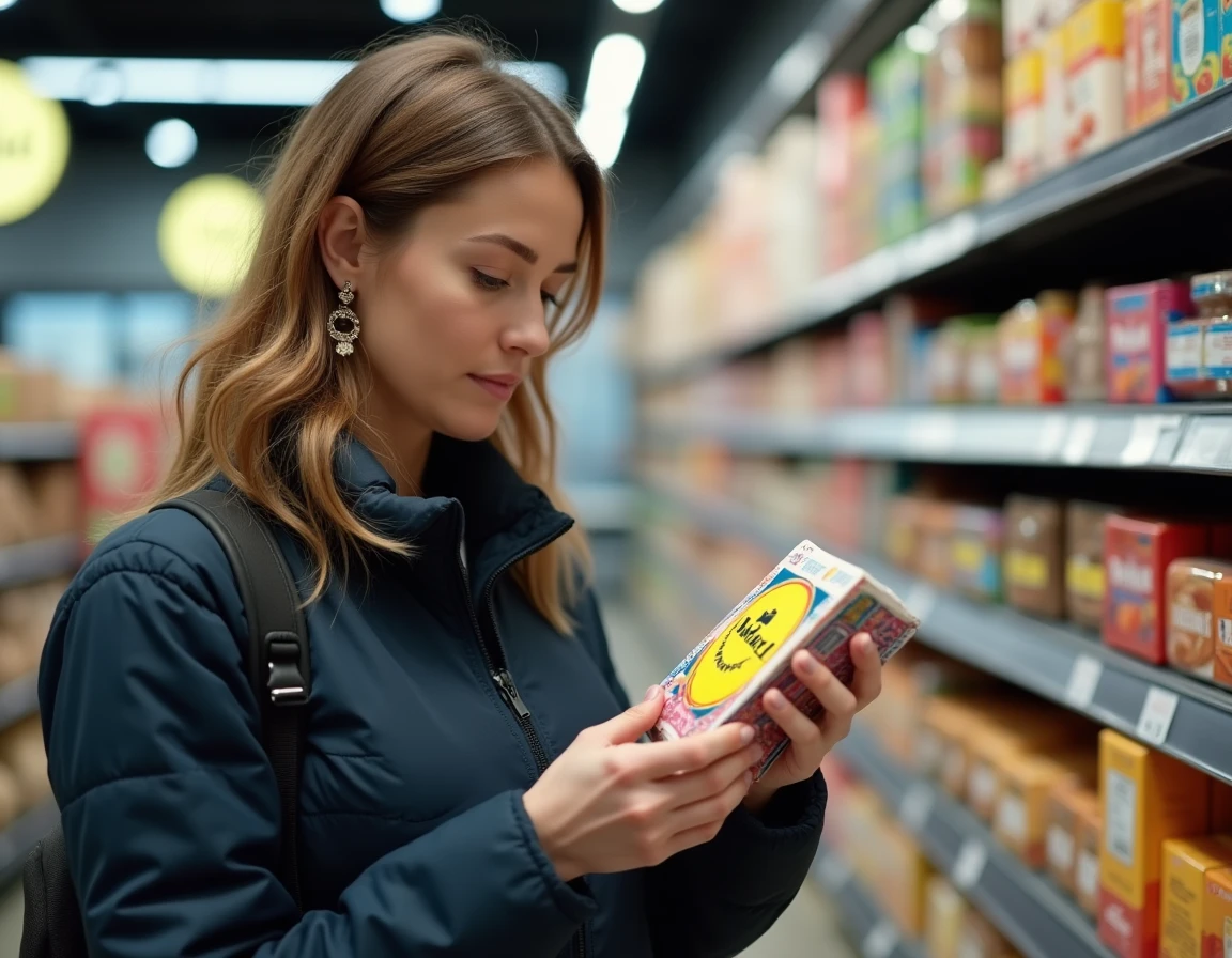 Femme analysant un produit Lidl en rayon de supermarché, logo visible sur l'emballage