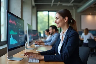 Femme analyste marketing examinant des tableaux de bord de publicité digitale sur un grand écran dans un bureau moderne