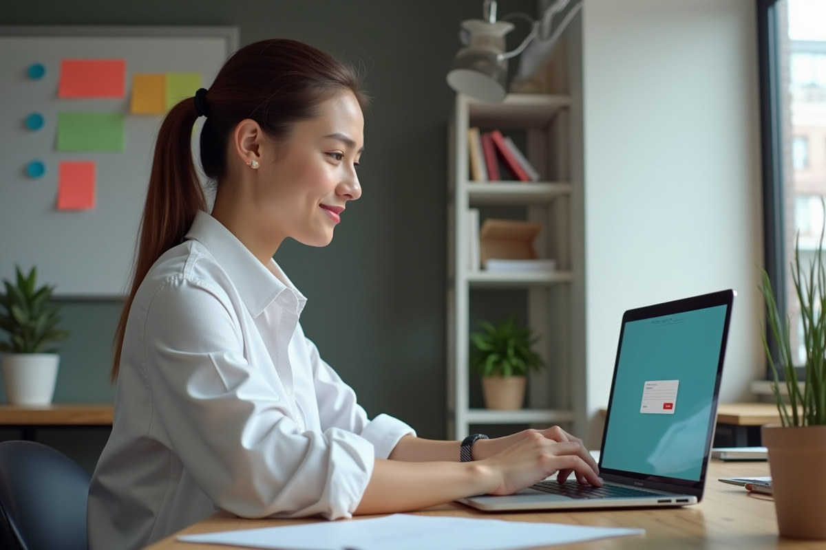 Jeune femme au bureau tapant sur son ordinateur portable