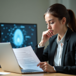 Jeune femme en bureau consulte politique de confidentialité