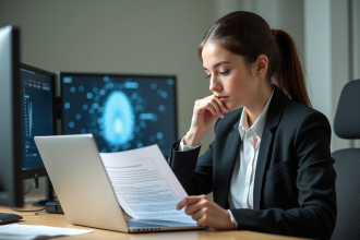 Jeune femme en bureau consulte politique de confidentialité