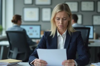 Femme cadre déçue tenant une lettre de promotion dans un bureau d'entreprise, illustrant le principe de Peters et l'échec de promotion