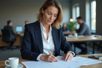 Femme cadre en entreprise analysant une demande de rupture conventionnelle à son bureau