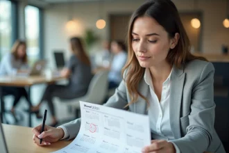 Femme en blazer gris consultant un calendrier annuel annoté pour calculer ses jours travaillés en 2026