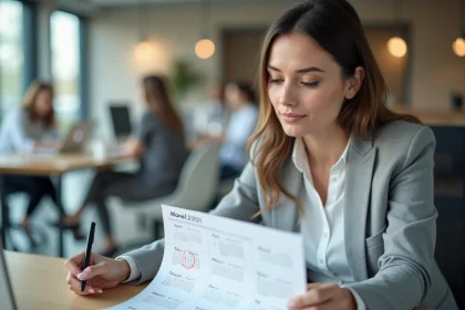 Femme en blazer gris consultant un calendrier annuel annoté pour calculer ses jours travaillés en 2026