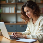 Jeune femme souriante travaillant sur son ordinateur à la maison