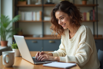 Jeune femme souriante travaillant sur son ordinateur à la maison