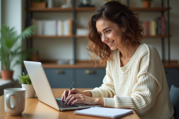 Jeune femme souriante travaillant sur son ordinateur à la maison